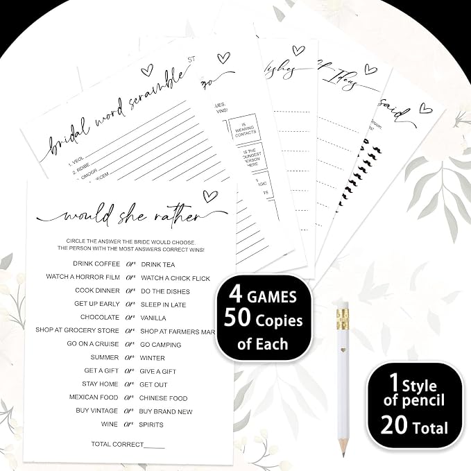 Silipull Bridal Shower Games Set for 50 Guests Includes Bingo, He Said She Said, Scramble, Would She Rather, Advice and Wishes Wedding Games Double Sided with Wooden Box, 20 Pencils(Minimalist)