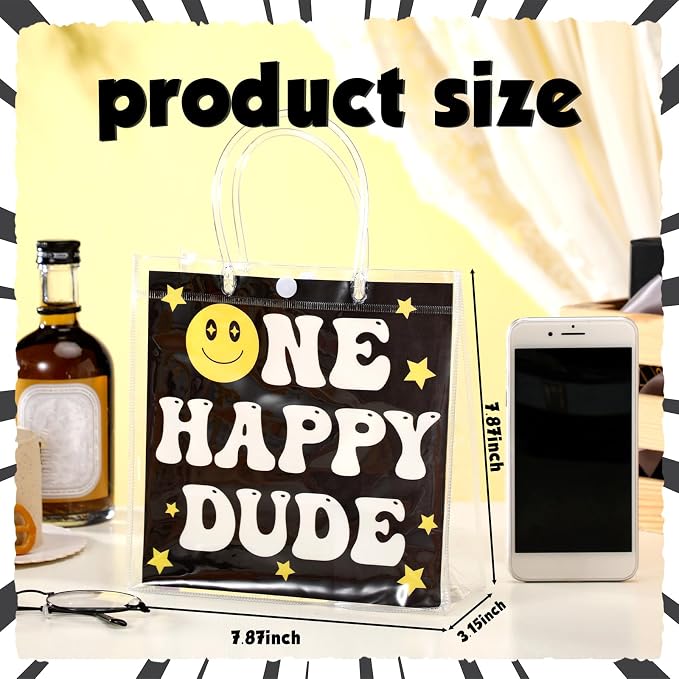 Teenyyou 24 Pcs One Happy Dude Clear Gift Bags with Handles One Happy Dude Party Favor PVC Goodie Treat Candy Tote Plastic Gift Bags for 1st Birthday Party Decor