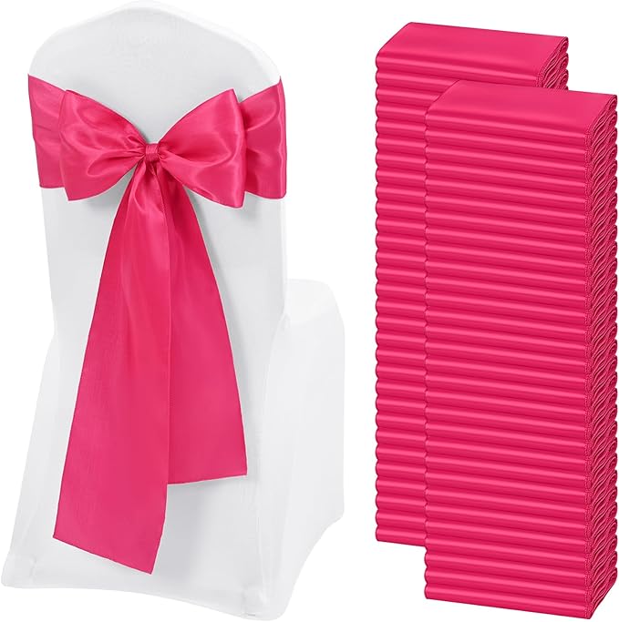 60 PCS Hot Pink Satin Chair Sashes, Ties Bows Designed Chairs Decorative, Chair Cover Sashes for Thanksgiving Wedding Christmas Banquet Party Home Kitchen Decoration (7 x 108 inch)