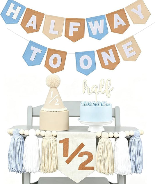 Half Birthday Decorations For Boys -Half Way To One Baby Boy Decorations With 6 Months Birthday Banner 1/2 Birthday Boy High Chair Banner 1/2 Birthday Cake Topper & Party Hat 6 Month Photo Props