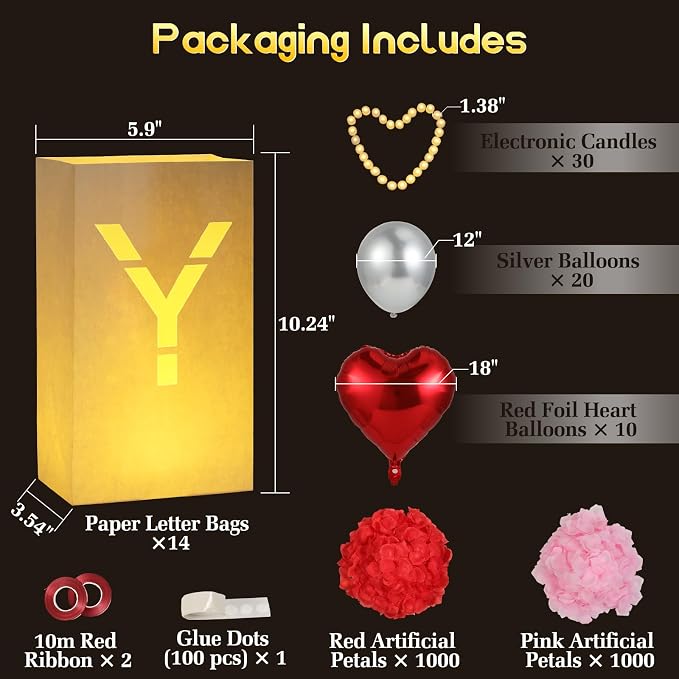 Lewondr IT WAS ALWAYS YOU Light Up Letters with 30pcs 6H Tea Lights Candles & Balloon & 2000 Rose Petals, Luminary Bags Engagement Party Decorations & Anniversary Decorations Ideal Gift for Men&Women
