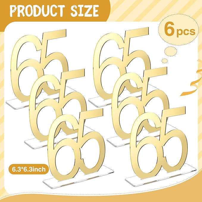 Threehoney Mirror Gold 65th Birthday Decorations for Men and Women Acrylic Anniversary Decorations Table Numbers Centerpieces for Birthday Party