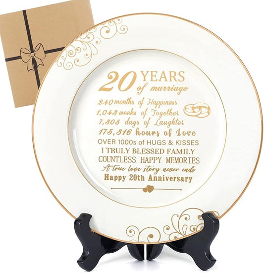 Urllinz 20 Year Anniversary Plate with 24k Gold Foil Decorations - 20th Anniversary Wedding Gifts for Wife Couple Him Her Husband, Ceramic 9"