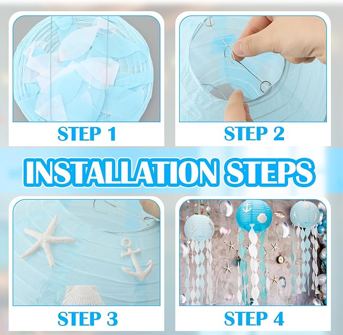 VioraWhite 21 Pcs Ocean Beach Birthday Party Decorations 6 Pcs 9.8'' Hanging Jellyfish Paper Lanterns 12 Resin Shell 2 Bubble Garlands for Nautical Under The Sea Mermaid Baby Shower Birthday Decor