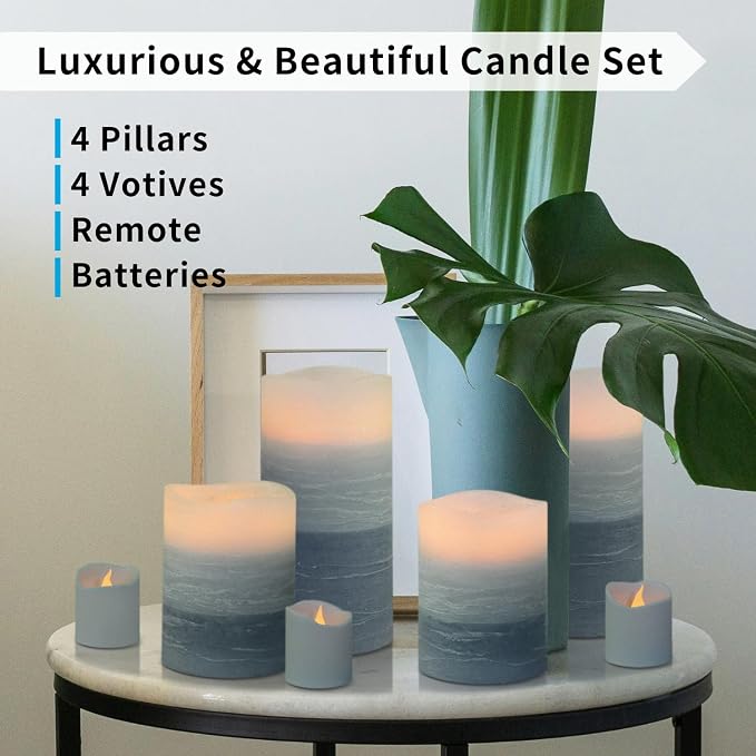 FURORA LIGHTING Blue Ombre LED Candles, 8-Pack Set with Remote & Timer | Includes 4 pillars and 4 votives. Creates a serene coastal ocean theme gradient glow throughout any large space.
