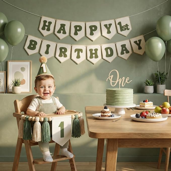 THAWAY 1st Birthday Decorations Boy, White Green First Birthday Becorations for Boy with Banner, Tassel Wood Bead High Chair Banner, Hat and Wood Cake Topper for One Year Old Party Decor