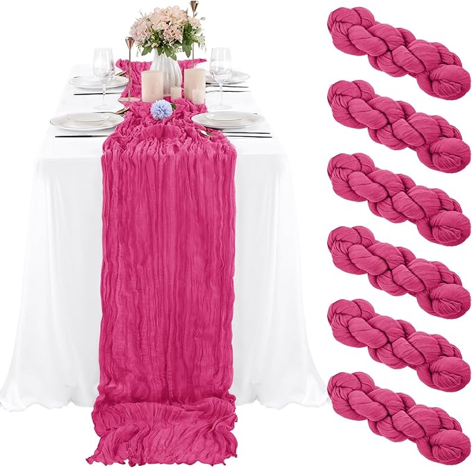 6 Pcs Hot Pink Cheesecloth Table Runner 10FT, Gauze Table Runner for Wedding Reception Sheer Bridal Shower Birthday Party Boho Table Decoration, Rustic Romantic Wedding Runner