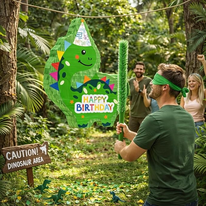 Dinosaur Piñata - Green Dinosaur Piñata with Stick, Blindfold and Confetti for Animal Themed Birthday Party Game Supplies Decorations (16”x12”x3”)
