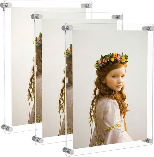 NIUBEE 11x14 Clear Acrylic Wall Mount Floating Frameless Picture Frame for Degree Certificate Photo Frames-Double Panel(Full Frame is 13x16 inch) - 3 Pack