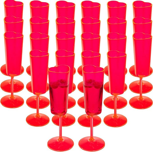 JLYLOL 24 PCS Heart Shaped Champagne Flutes, 5.5OZ Plastic Champagne Glasses, Unique Wedding Toasting Glasses, Elegant Stemmed Drinking Cups Plastic Goblets for Celebrations Anniversary Bride (Red)