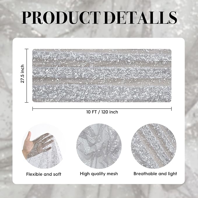 Artoid Mode Grey Gold Gauze Table Runner 120 Inch 10FT, Glitter Metallic Foil Sheer Dining Wedding Anniversary Holiday Birthday Table Decor for Home Party