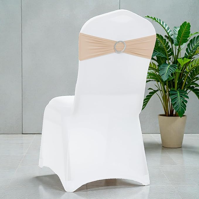 VDS - Champagne | Spandex Chair Sashes Bows | 125 PCS | Stretch Elastic Banquet Universal Folding Chair Band Tie with Silver Buckle Slider for Wedding Party Conference Celebration Event Decoration