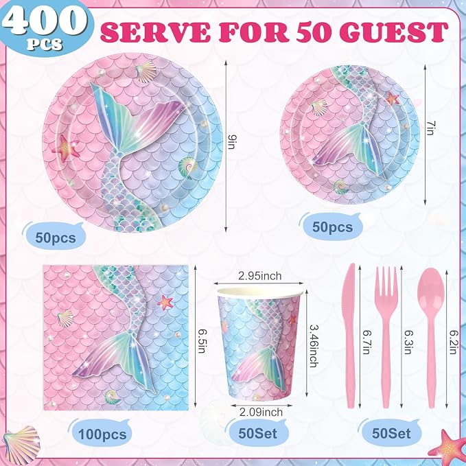 400 Pcs Mermaid Party Decoration for 50, Pink Blue Mermaid Birthday Paper Plates Napkins Cup Cutlery Under The Sea Princess Disposable Tableware for Baby Shower Ocean Birthday Party Supply