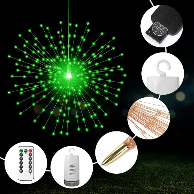 PXBNIUYA 2 Pack Starburst Sphere Lights,200 LLED Firework Lights, 8 Modes Dimmable Remote Control Waterproof Hanging Fairy Light, Copper Wire Light for Patio Parties Christmas (Green)