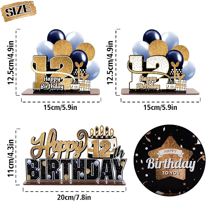 LINGTEER Happy 12th Birthday Gold Acrylic Table Topper Centerpieces Set - Cheers to Twelve Years Old Birthday 12th Bday Party Gift Decorations.