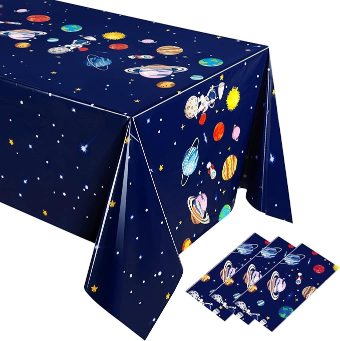 Oudain 3 Pcs Space Tablecloth Decorations Plastic Galaxy Table Cloth Space Theme Birthday Party Supplies for Boy Spaceship Planet Astronaut Rockets Disposable Table Covers, 54 x 108 Inch (Vivid Style)