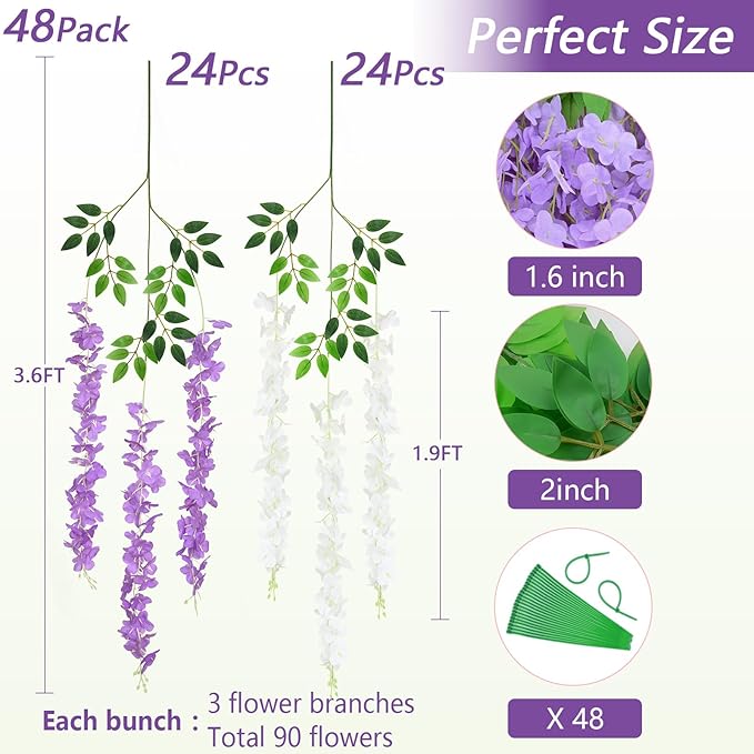 48Pcs Artificial Wisteria Hanging Flowers, 3.6Ft/Pcs White & Purple Fake Wisteria Garland for Wedding Party Home Garden Indoor Outdoor Decoration