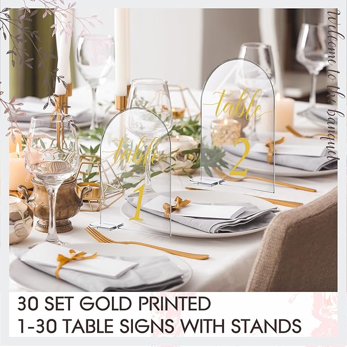30 Sets Arch Acrylic Sign Gold Printed 1-30 Table Signs with Stands Calligraphy Clear Table Number Display Stand for Wedding Reception Event Party Restaurant Centerpieces Decor (5 x 7 Inch)