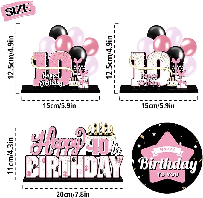 LINGTEER Happy 10th Birthday Pink Acrylic Table Topper Centerpieces Set - Cheers to 10 Years Old Birthday Ten Bday Party Gift Decorations.