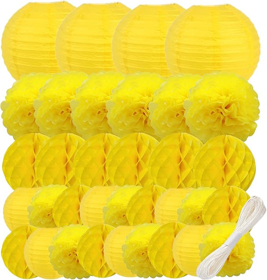 WOLHOWLTD Yellow Paper Decoration Set - 34 Pcs Paper Lanterns, Pompoms, Honeycomb for Wedding,Harvest, Summer Aloha Party, School Day,Baby Shower,Birthday Party Classroom,Home Decoration(Yellow)