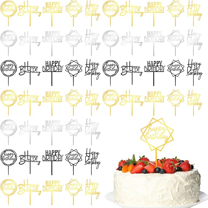 150pcs Gold Happy Birthday Cake Toppers Bulk Mirror Acrylic Cupcake Topper Double-Sided Dessert Decorations for Girls Women's Happy Birthday Sign for Cake Side Cupcake Decorations Party Supplies
