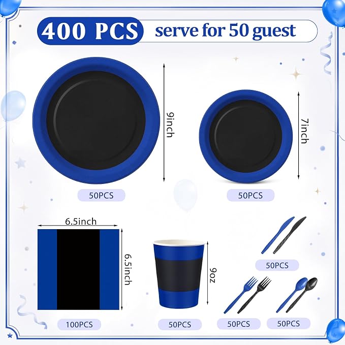 400 Pcs Black and Blue Birthday Party Decoration for 50, Blue Black Paper Plates Napkins Cups Tablecloth Cutlery Disposable Tableware Set for Police Bachelor Birthday Party Supplies