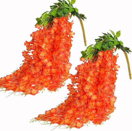 Fermus 24 Pack Artificial Wisteria Hanging Flowers Garland Fake Wisteria Vine for Garden Floral Wedding Decor (Orange)