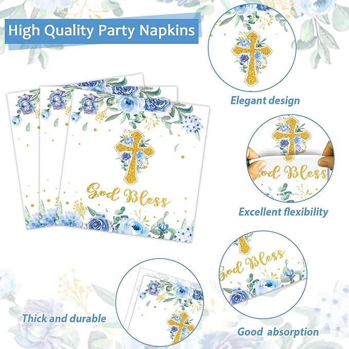 200pcs God Bless Plates Napkins Baptism Paper Tableware Set First Holy Communion Cake Dessert Disposable Dinnerware Blue Floral Party Decoration for Christening Birthday Decor Supplies Serves 50