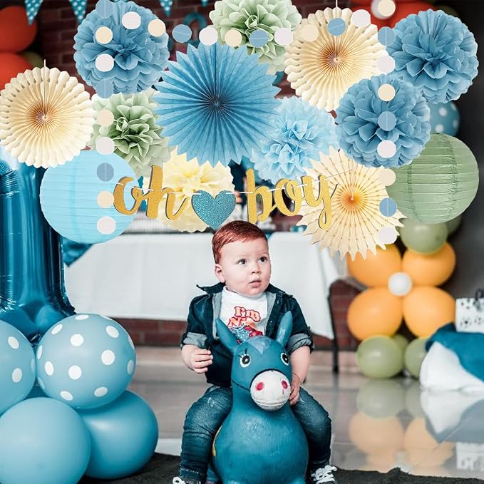 Dusty Blue Sage Green Baby Shower Decorations Oh Boy Banner Light Blue Tissue Pom Poms Flowers Beige Paper Fans Lantern Circle Dot Garlands for Birthday Boho Baby Boy Shower Party Decorations