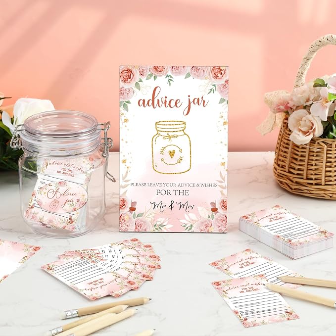 Jetec 74 Pcs Advice and Wishes for the Mr and Mrs 60 Pcs Wedding Advice Cards Advice and Wishes Jar Box Bridal Shower Advice and Wishes Cards for Bride and Groom Bridal Shower Decor(Pink Floral)