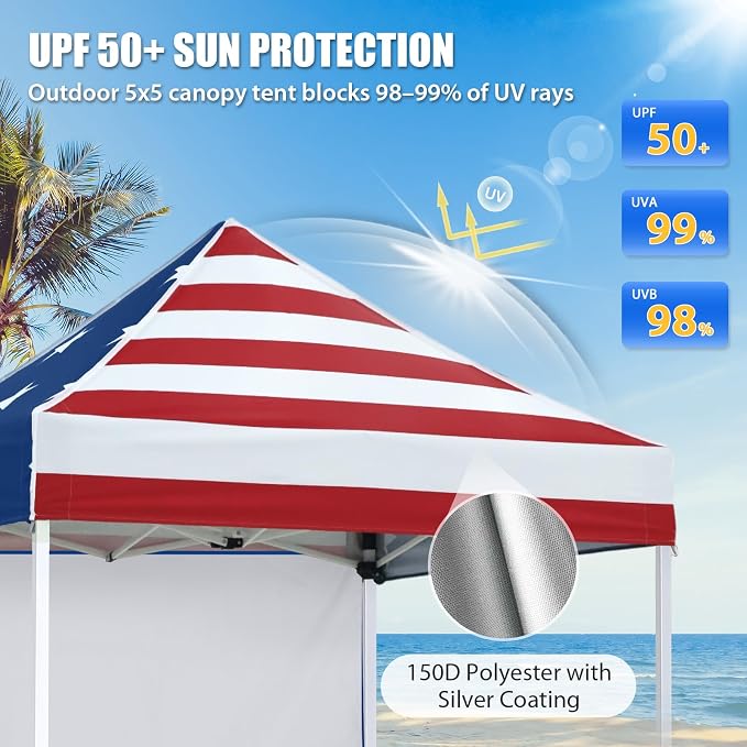 EAGLE PEAK Pop up Canopy 5x5, Outdoor Portable Canopy Tent with One Removable Sunwall, Carry Bag Included, American Flag