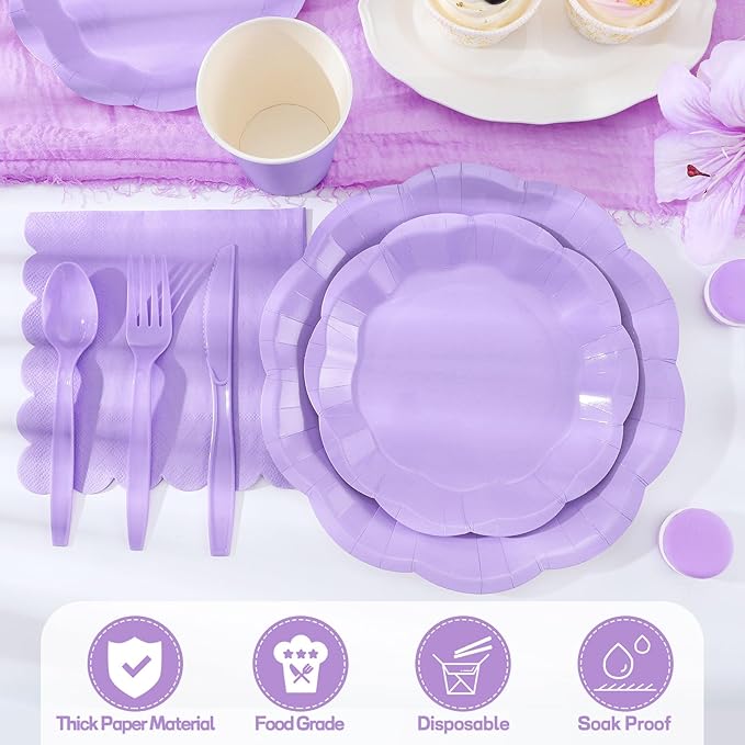 350 Pcs Light Purple Party Supplies Include Scalloped Lavender Plates Mothers Day Napkins Cups Forks Knives Serve 50 Guest Disposable Party Tableware Set for Wedding Baby Shower Birthday Party