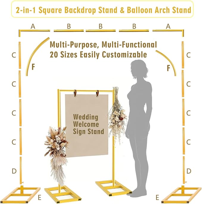 2-in-1 Dual-use Square Balloon Arch Stand Metal Wedding Backdrop Stand Party Birthday Bridal Baby Shower Flower and Floral Arch for Ceremony 6.6FT (Gold)