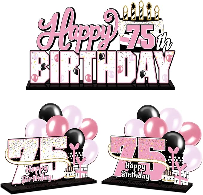 LINGTEER Happy 75th Birthday Pink Acrylic Table Topper Centerpieces Set - Cheers to 75 Years Old Birthday 75th Bday Party Gift Decorations.