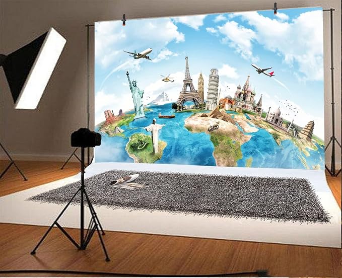 Yeele 15x10ft Globe Travel Backdrop Earth Map Worldwide Continent Famous Landmark Scenery Home Photography Background Infant Baby Adult Portrait Photo Booth Vinyl Wallpaper Photocall Studio Props