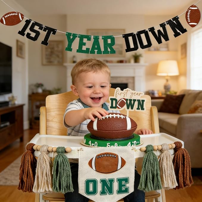 First Year Down Birthday Party Decorations-Felt First Year Down Highchair Banner, Football Themed 1st Birthday High Chair Banner, Cake Topper, Party Hat for Football 1st Birthday Party Supplies
