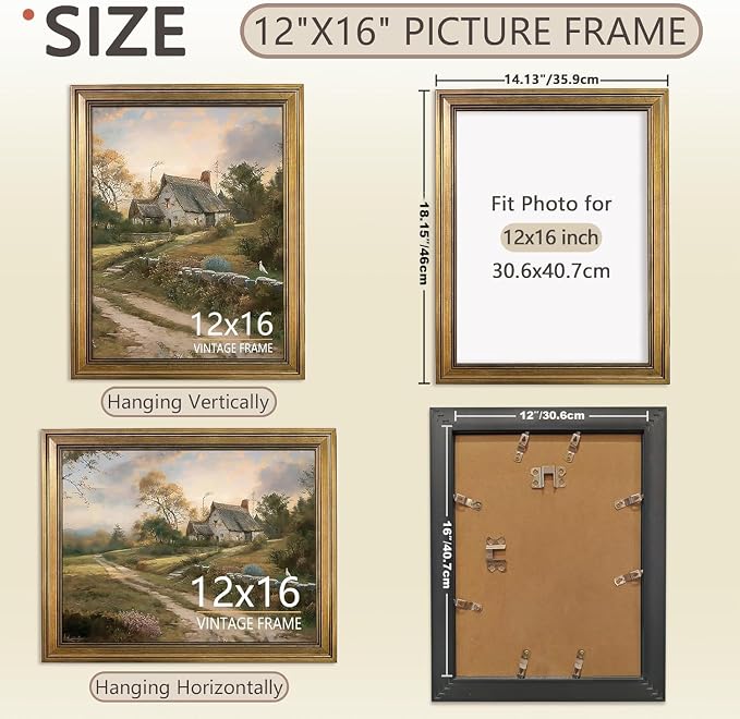 12x16 Picture Frame – Vintage Gold Picture Frames for Tabletop & Wall Mount, 12 x 16 Photo Frame for Living Room, Bedroom, Office Décor & Wedding Anniversary Housewarming