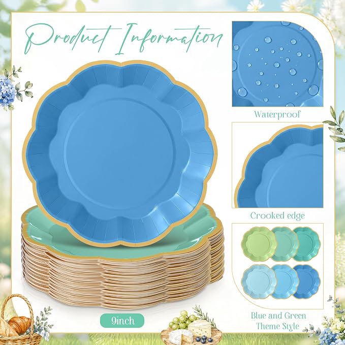 72 Pcs Teal Blue and Green Color Paper Plates 9 Inch Gradient Scalloped Paper Disposable Dinner Dessert Plates for Summer Beach Ocean Birthday Wedding Bridal Party Supplies