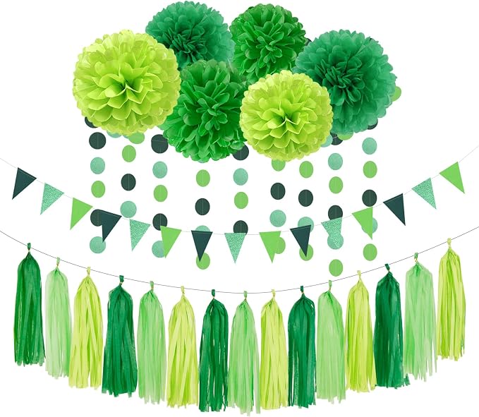 Green Party Decorations Tissue Pom-Poms - 23pcs St Patricks Day Paper Flowers Streamers,Spring Summer Wedding Engagement Tassel Garland Banner,Birthday Baby Bridal Shower Decor Ouruola