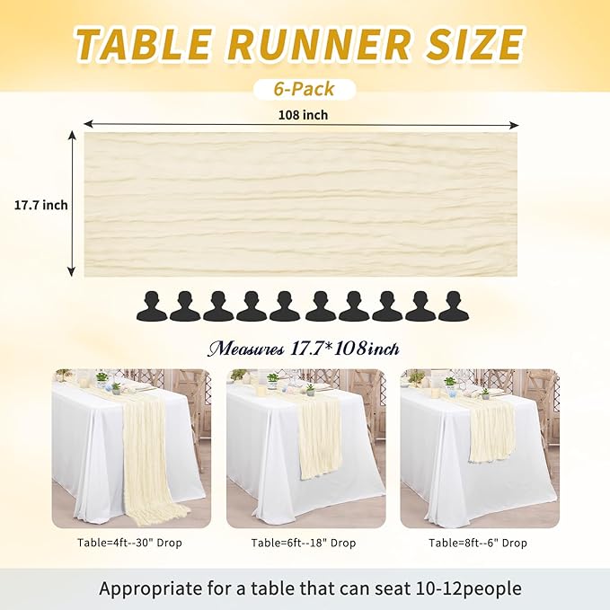 Pesonlook 6 Pack Cheesecloth Table Runner,Ivory Table Runner Long Romantic Semi Sheer Rustic Boho Gauze Table Runners for Wedding Bridal Shower Birthday Party Decorations(17.7×108 Inch)