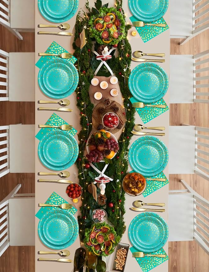 Nkaiso 141 Pieces Blue Green and gold Party Supplies, Disposable Party Decorations Sets Include Paper Plates Napkins Cups, Plastic Forks Knives Spoons, for Baby Shower Birthday Wedding -20 Guests