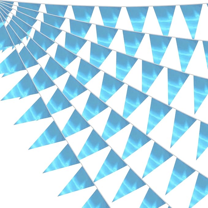 130FT LightBlue Triangle Pennant Banner Flag Metallic Fabric Bunting Garland for Christmas Graduation Wedding Engagement Anniversary Bachelorette Birthday Bridal Shower Valentines Hen Party Supplies