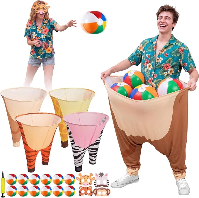 21 Pcs Safari Jungle Party Games, Giant Animal Granny Pants Outdoor Game with Pump, Bouncy Balls & Animal Masks, Jungle Zoo Party Tossing Game for Family Team Activity Picnic Backyard