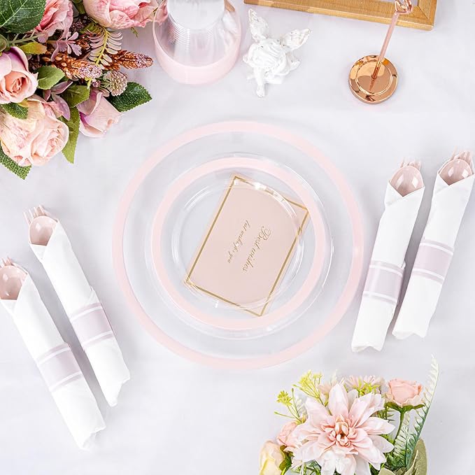 I00000 210 Pcs Clear Pink Plates for 30 Guests, Pink Dinnerware Include 60 Plates, 30 Cups, 30 Pre Rolled Napkins with Cutlery Set for Party and Wedding