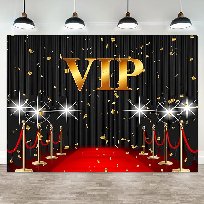 10x8ft VIP Backdrop Red Carpet Event Photography Background Black Curtain Star Catwalks Stage Film Movie Music Night Gold Banner Decorations Celebrity Activity Portrait Photo Booth Prop