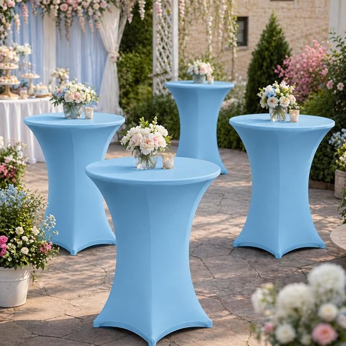 Cocktail Table Covers - 2 Pack 32x43 Inch Table Cloth - Light Blue Fitted Stretch Spandex Round High Top Tablecloth for Party, Bar, Birthday, Pub, Banquet