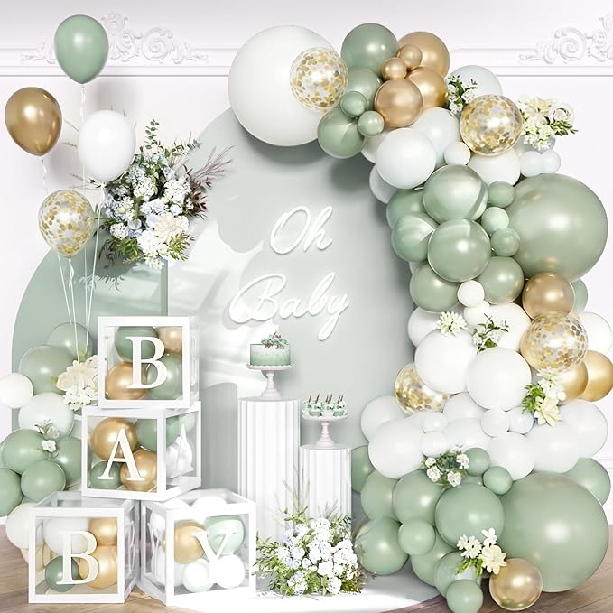148Pcs Sage Green Baby Shower Decorations - Gender Neutral Party Supplies - Olive Green Gold White Balloon Garland Arch Kit with 4 Baby Boxes for Boy Girl Jungle Safari Backdrop