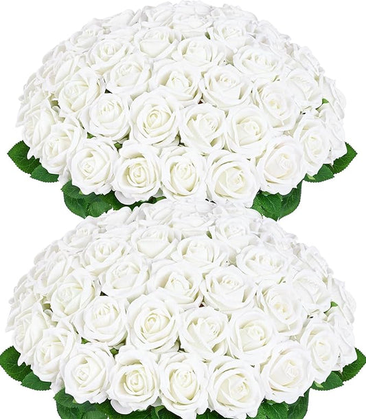 50 Pcs White Roses Artificial Flowers, Real Touch Velvet Roses Bouquet Fake Flowers Bulk, Artificial Roses with Long Stems for Birthday Gift Women Mom DIY Bridal Wedding Centerpiece Decorations