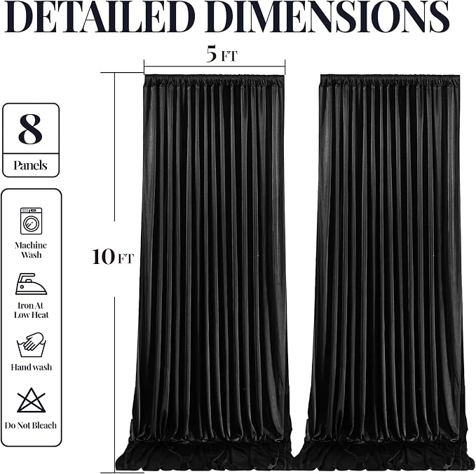 40x10ft Black Glitter Backdrop Curtain for Parties, Wrinkle Free Satin Photo Backdrop Drapes 8 Panels 5x10FT Shimmer Back Drop Cloth for Wedding Birthday Baby Shower Photography Background Decor