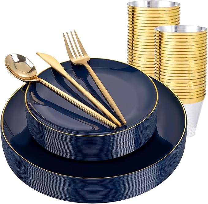 bUCLA 150PCS Blue and Gold Plastic Plates - 25 Guests Navy Blue Plastic Dinnerware Disposable for Party and Graduation - Include 25 Dinner/Dessert Plates, 25 Knives, 25 Forks, 25 Spoons, 25 Cups